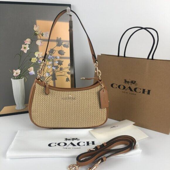 NWOT Coach Straw Woven Shoulder Bag Tan Leather Trim Gold Hardware – Style C2550 - Picture 1 of 13